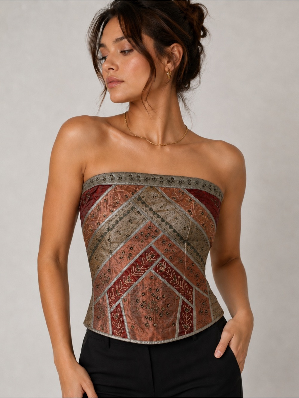 Vintage Charlotte Russe Metallic Bustier Tube Top Rust Festival Glam Beaded Y2k